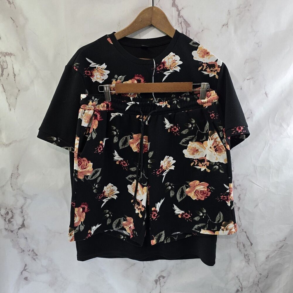 Shein Two Piece Mens Large Outfit Set Floral Black Shirt Shorts Lounge Crew